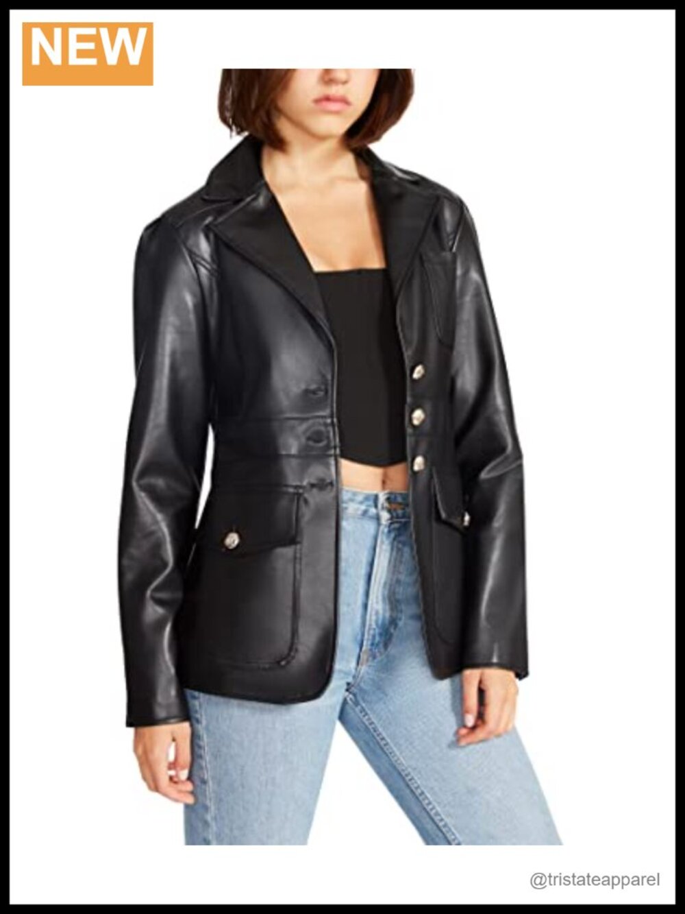 Women's Faux Leather Long Sleeve Blazer - Notch Collar, Slim Fit